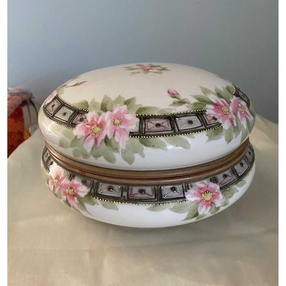 Large Antique Nippon Hand Painted Dresser Powder Jar